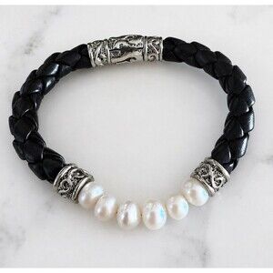 Black Braided Faux Leather Bracelet Magnetic White Pearls Contemporary Classic